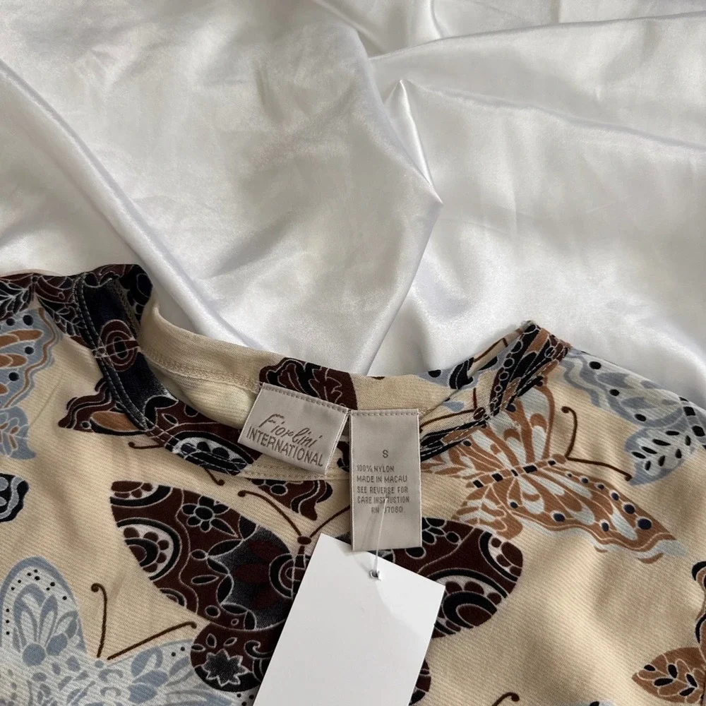 Fiorlini International Butterfly Print Top Beige Brown Short Sleeve Small
